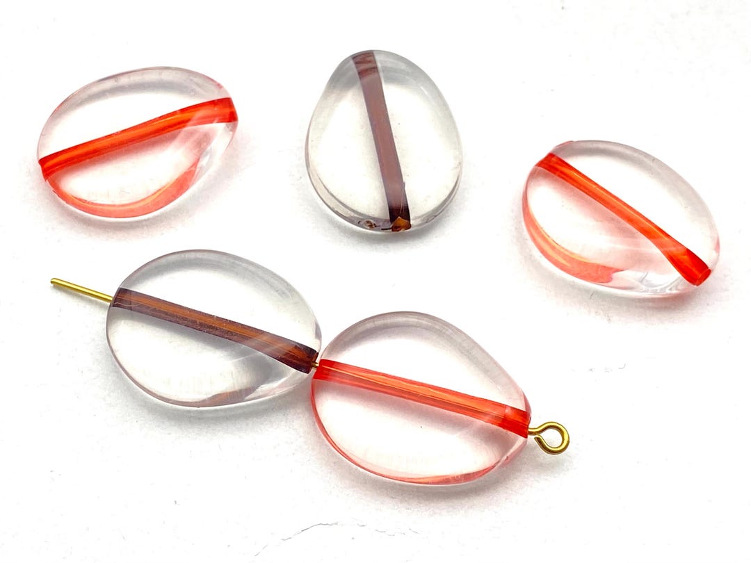 ストライプ柄アクリルビーズ 24mm - フラットオーバルビーズ、赤と茶色 