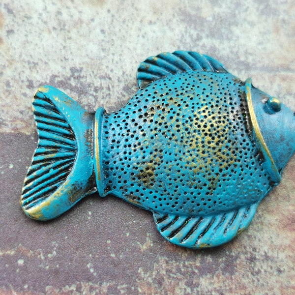 Fish Pendant Verdigris Blue Patina Charms , Hand Painted Charms - Findings - Unique Pendants -55mm