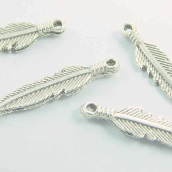 Feather Charms 10Antique Silver Tone ,  Findings , 26 mm , Nichel Free - metal art supplies