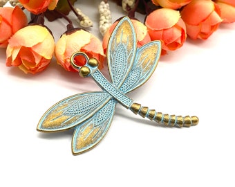 Dragonfly-Shaped Metal Pendant - 60mm - Verdigris Drogonfly Charm