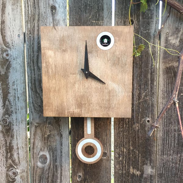 Distressed Cuckoo Clock, Wall Mount with Cuckoo bird, Distressed Walnut with white farmhouse distressed Accents, One of a Kind