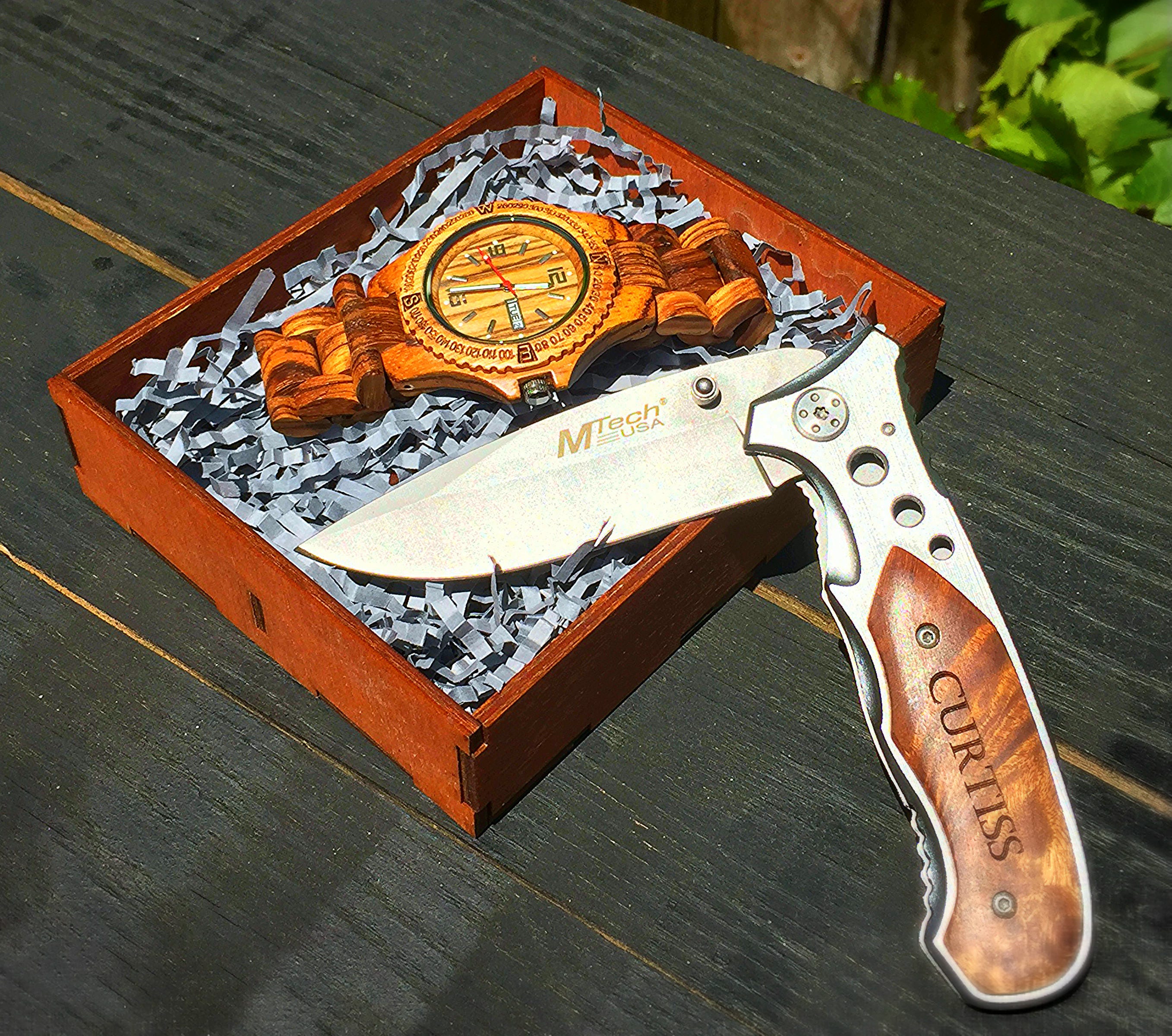 ANTEX Collection Wood Watch and Tactical Folding Pocket Knife in
