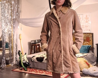 Penny Lane Fur Lined Vintage Tan Leather Coat Small / Medium