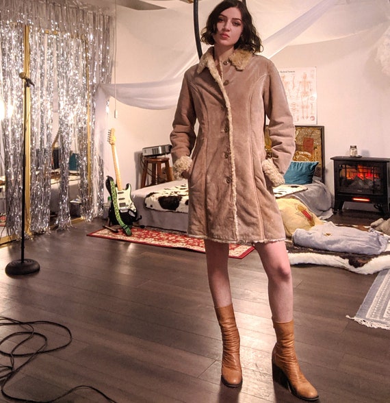 Penny Lane Fur Lined Vintage Tan Leather Coat Sma… - image 1