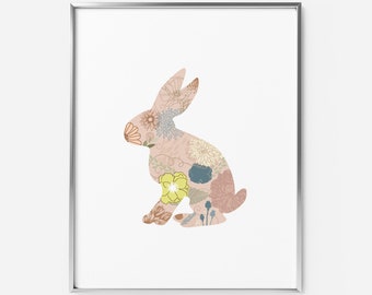 Rabbit minimalist animal silhouette art print with flowers makes a great gift for the bunny lover