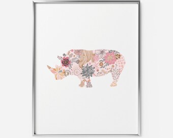 Rhino minimalist animal silhouette with flowers wall art print makes a great addition to your African or safari home decor