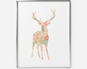 Deer minimalist animal silhouette art print with flowers