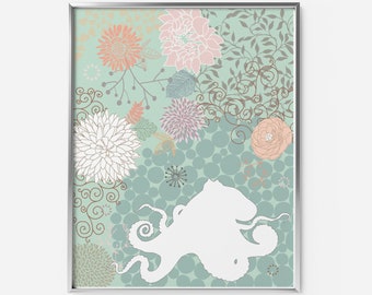 Octopus modern animal silhouette wall art print with flowers makes a great nautical housewarming gift for the beach home
