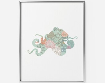 Octopus minimalist animal silhouette art print with flowers makes a great addition to your modern nautical home decor