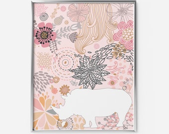 Rhino modern animal silhouette wall art print with flowers makes a great addition to your safari or African home decor