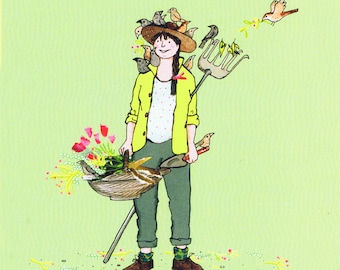 Mains vertes ..une jardinière avec des fleurs et des oiseaux . Carte imprimée fantaisiste à partir d'un collage original