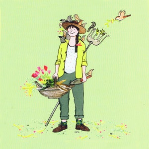 Green Fingers... una donna giardiniera con fiori e uccelli. Carta stampata originale da collage.