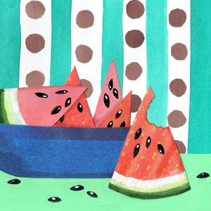 WASSERMELONE Wunderbarkeit .Eine fröhlich bunte Karte , die eine Schale mit Melonenscheiben zeigt . Gedruckte Karte von Collagen Original