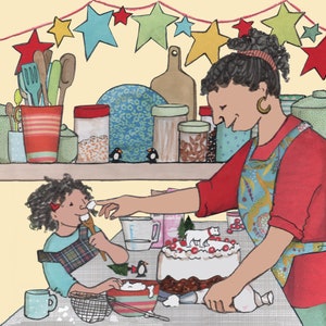GLASSARE la torta. Una mamma e una bambina si divertono a glassare la torta di Natale. Biglietto stampato da un collage originale.