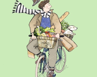 VÉLO ON A SUNDAY carte imprimée d’un homme et son chien heureux bénéficiant d’un tour de cycle libre de soins, son panier est plein de nourriture sur le marché
