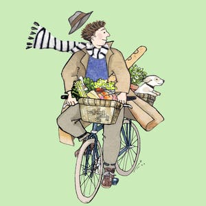 CICLO EN UNA tarjeta impresa DOMINICAL de un hombre y su perro feliz disfrutando de un paseo en bicicleta libre de cuidado, su cesta está llena de comida del mercado