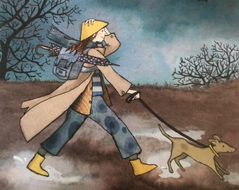 Rainy Day Walking, een humeurig blauwe wandeling in de regen, gedrukte kaart van een origineel collage.