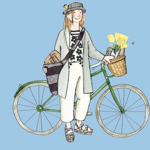GROENE FIETS, een mooie eenvoudige kaart met een jonge vrouw met een fiets en een bos gele tulpen. gedrukte kaart van origineel collage