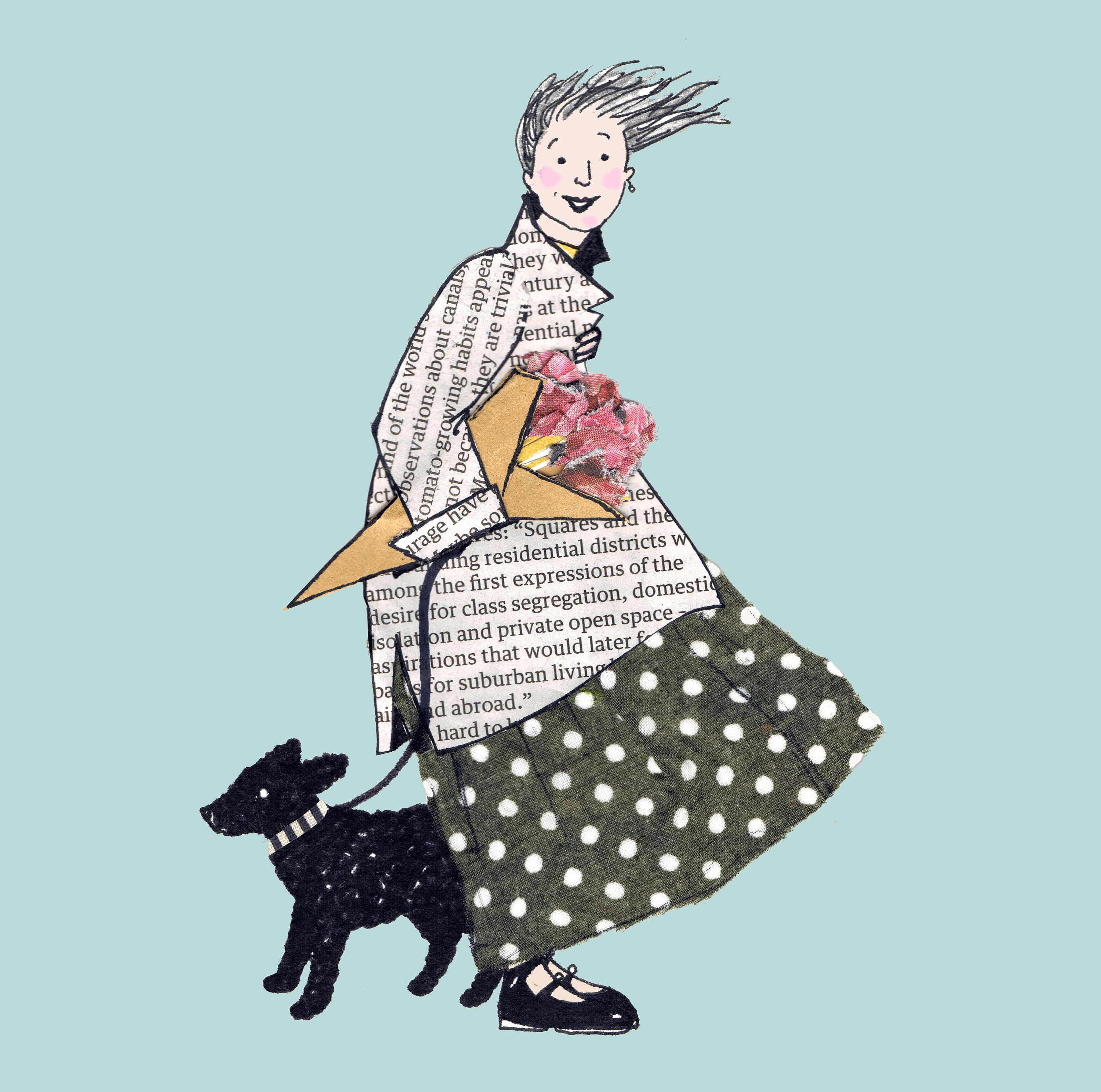 WINDY DAY LADY zacht door de wind geblazen vrouw en haar hond. Ik ben dol op het krantenpapier met de roze tissuerozen en de gevlekte vintage stof. .