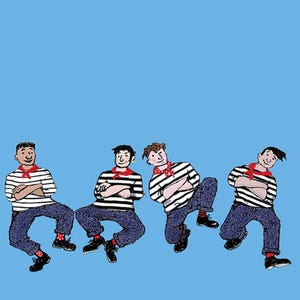 May include: A cartoon illustration featuring four figures in sailor outfits. They wear striped tops, blue jeans, red neckerchiefs, and black shoes. The background is a plain light blue.