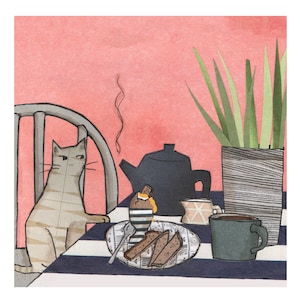PAS VOTRE PETIT DEJEUNER, mon petit déjeuner. Un chat gourmand qui lorgne d'un air sournois un bon œuf à la coque et porte un toast à des soldats Une carte imprimée à partir d'un collage original