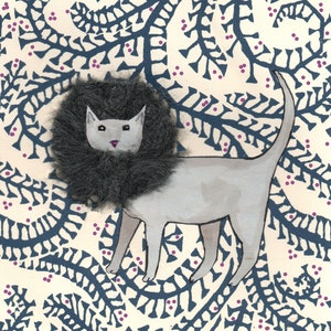 RUGGITO... Paura, molta paura, ecco un gatto che pensa di essere un leone. Una divertente carta stampata per gli amanti dei gatti da un collage originale.