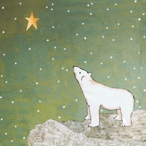 OURS DES NEIGES Un ours polaire pensif regardant un ciel étoilé , carte imprimée à partir d'un collage original