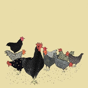 KIPPEN! Een eenvoudige kaart met een aantal gespikkelde kippen. Gedrukte kaart van een collage-origineel. Elke kip is gesneden uit ander gerecycled papier.