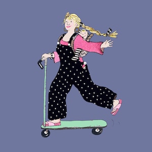 TWEE OP EEN SCOOTER, moeder en baby zoeven vrolijk voort op een scooter. Kleurrijk gedrukte kaart van een origineel collage.