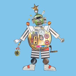Veggie Bot Blue. Un simpatico robot con un tocco retrò su uno sfondo blu brillante. Carta stampata da un collage originale.