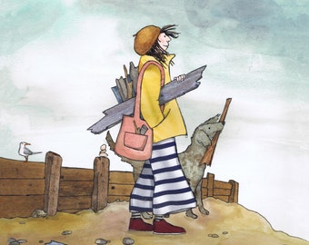 DRIJFHOUT, een frisse wandeling over het strand en drijfhout verzamelen, tijd doorgebracht in contemplatie. Een gedrukte kaart van originele collagekunst
