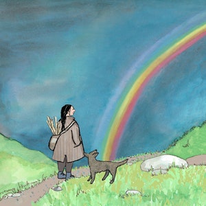 RAINBOW.. een rustige wandeling op een heuvel na een storm.  Een gedrukte kaart van originele collagekunst