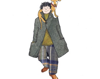 May include: A person wearing a gray coat, a yellow sweater, and plaid pants is walking with a small brown and white dog on their shoulder.