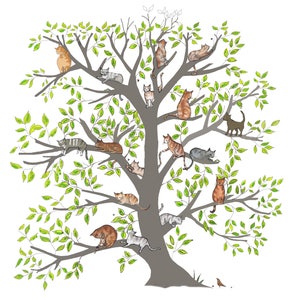 BOOMKATTEN. Een lommerrijke groene boom vol met veel verschillende katten. gedrukte kaart van een origineel collage.