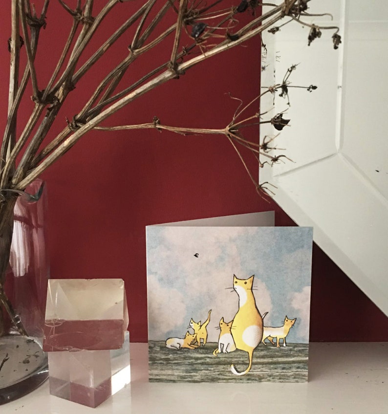 The Fly. A lazy afternoon where a yellow cat and her kittens watch a fly . Printed card from collage original. image 4