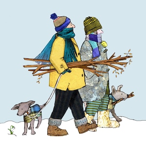 Winter zu Fuß, ein paar und ihre Hunde, die an einem winterlichen Tag festgelegt. Gedruckte Karte aus einer original Collage.