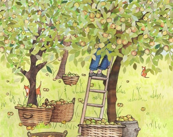 Apple Picking . An orchard of apple trees, baskets of apples and some watchful cats .Autumnal scene printed from a collage original