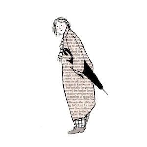 UMBRELLA LADY Charmante boho-dame met paraplu. Gedrukte kaart van een origineel kunstwerk met krant en pen en inkt