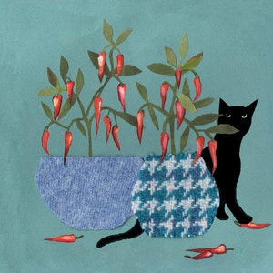 Piment Chat avec les yeux ouverts ou fermés ou juste des plants de piment . 3 belles options au choix. Carte imprimée à partir d'un collage original