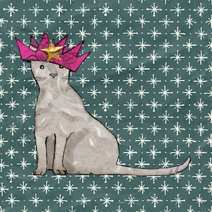 Feesthoed kat 3 . Hier is een kat die wacht op een feestje, nou ja misschien... Een leuke bedrukte kaart voor kattenfans van een origineel collage