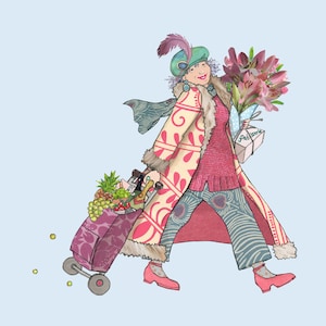 最高の人生を送る、華やかな雰囲気を持つ年配の女性。コラージュのオリジナルからプリントされたカード。