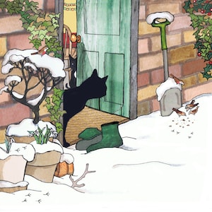 BÉBÉ il fait froid dehors. Un chat noir se demande si cela vaut la peine d'avoir froid aux yeux ou non. Une carte imprimée amusante à partir d'un collage original