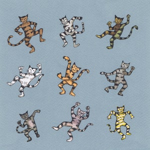 以下が含まれることがあります： さまざまなポーズをとった猫のイラストが9つあり、それぞれ異なる色のパターンが描かれています。猫は、誇張された特徴を持つ漫画スタイルで描かれており、すべて踊ったり、遊び心のある動きをしています。
