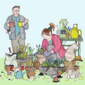 Rempotage, couple en train de bricoler dans le jardin. Carte imprimée à partir d'un collage original