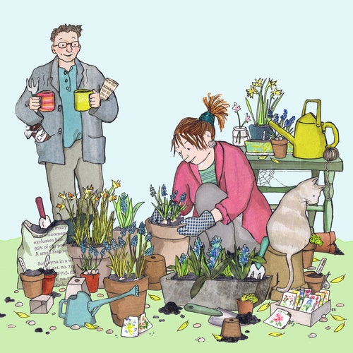 POTTING UP a Couple Happily Pottering in the Garden.printed Etsy