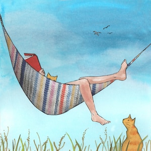 Hangmat Love, een hangmat, een boek en een kat..bliss. gedrukte kaart van een origineel collagekunstwerk.