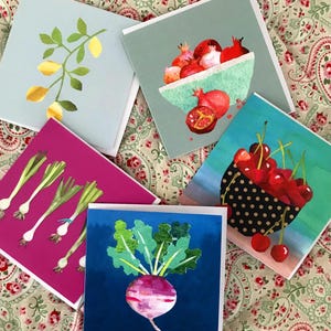 Karten für Veggie-Liebhaber EAT YOUR 5 A DAY! Helle und farbenfrohe Obst- und Gemüsekarten, gedruckt von Collagen-Originalen