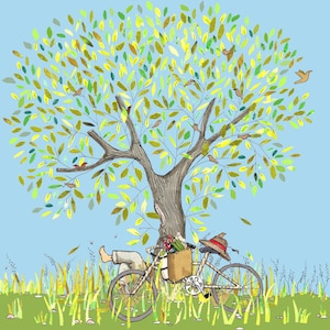 Faites une pause... prenez du temps pour vous sur votre vélo et détendez-vous dans un endroit vert et verdoyant. Carte imprimée à partir d'un collage original.