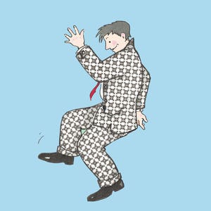 May include: A man in a black and white patterned suit with a red tie is dancing. He is wearing a white shirt and has brown hair. The background is light blue.