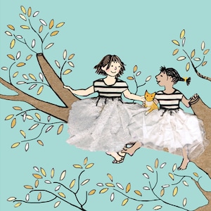 May include: Two girls wearing striped shirts and white skirts sit on a tree branch with a small orange cat. The tree branch is brown and has yellow and white leaves. The background is a light blue color.
